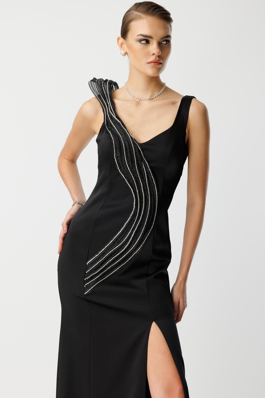 Ruffle Collar Detail Slit Maxi Evening Dress BLACK