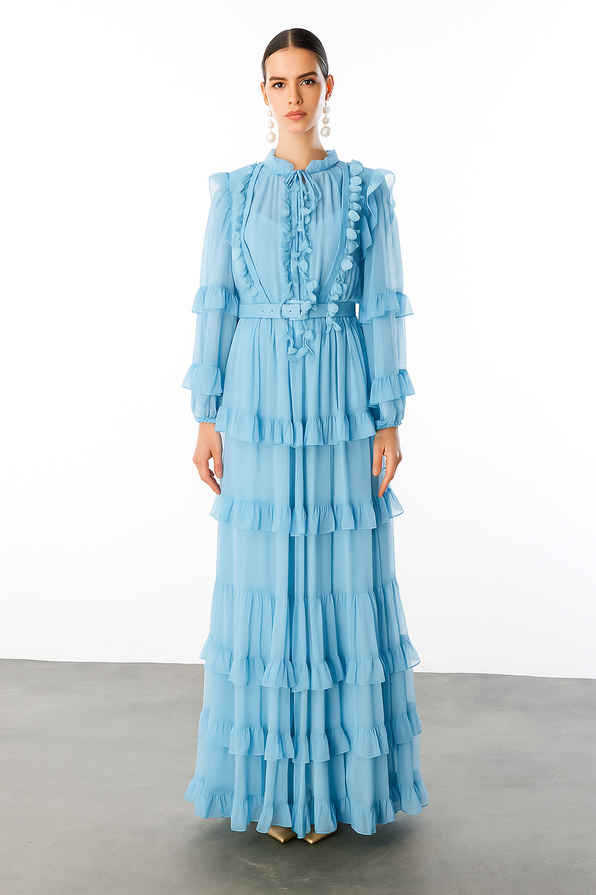 Yaka Volan Detaylı Maxi Boy Şifon Elbise BEBE MAVİ