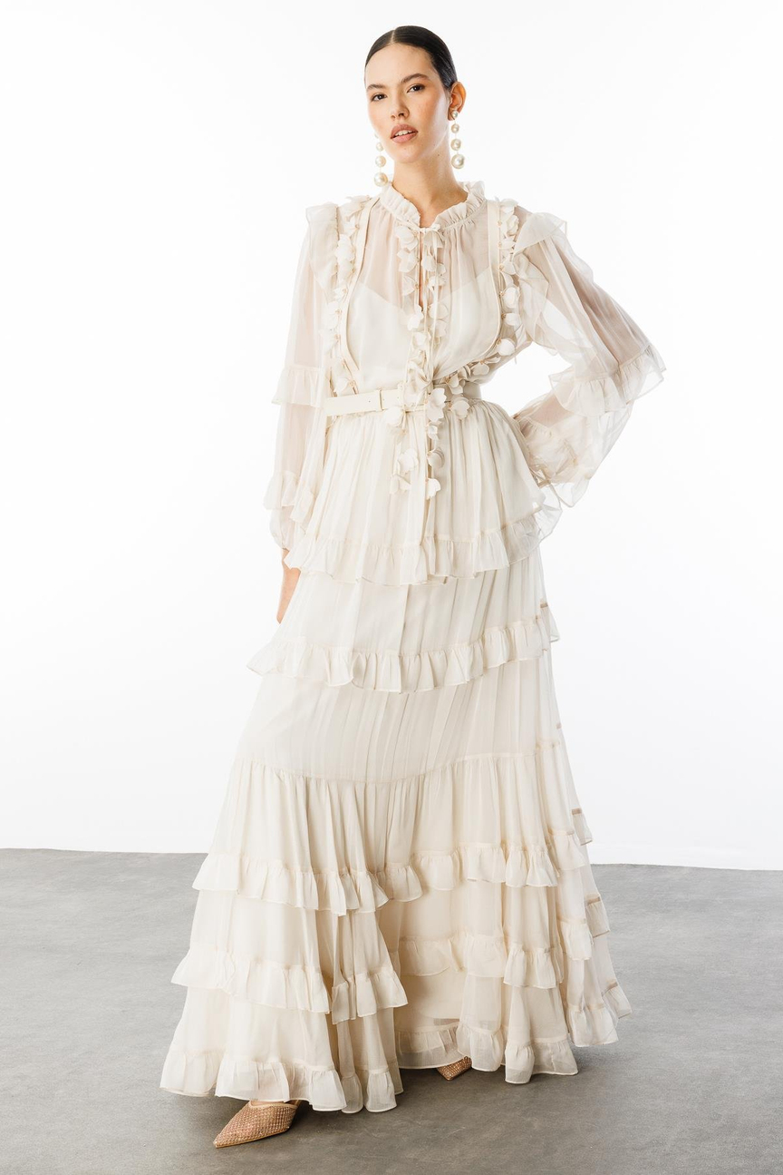 Yaka Volan Detaylı Maxi Boy Şifon Elbise EKRU