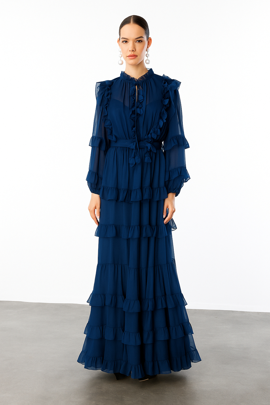 Yaka Volan Detaylı Maxi Boy Şifon Elbise LACİVERT