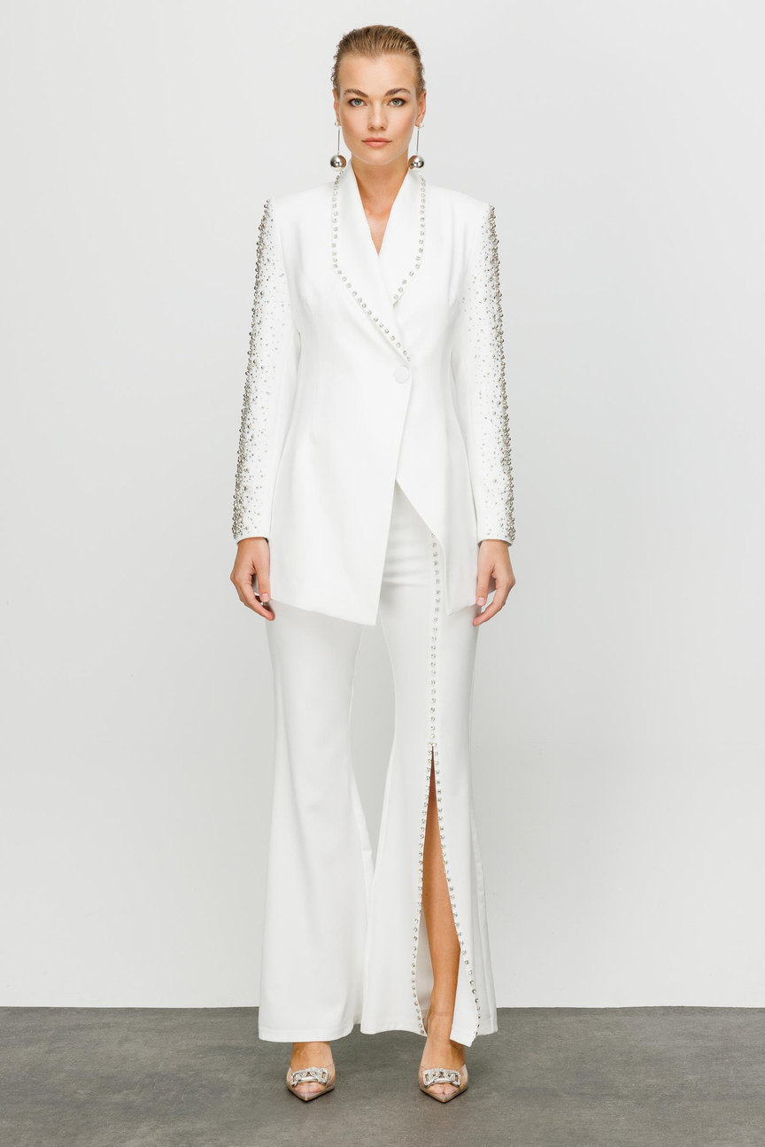 Stone Embroidered Collar Sleeves Set WHITE