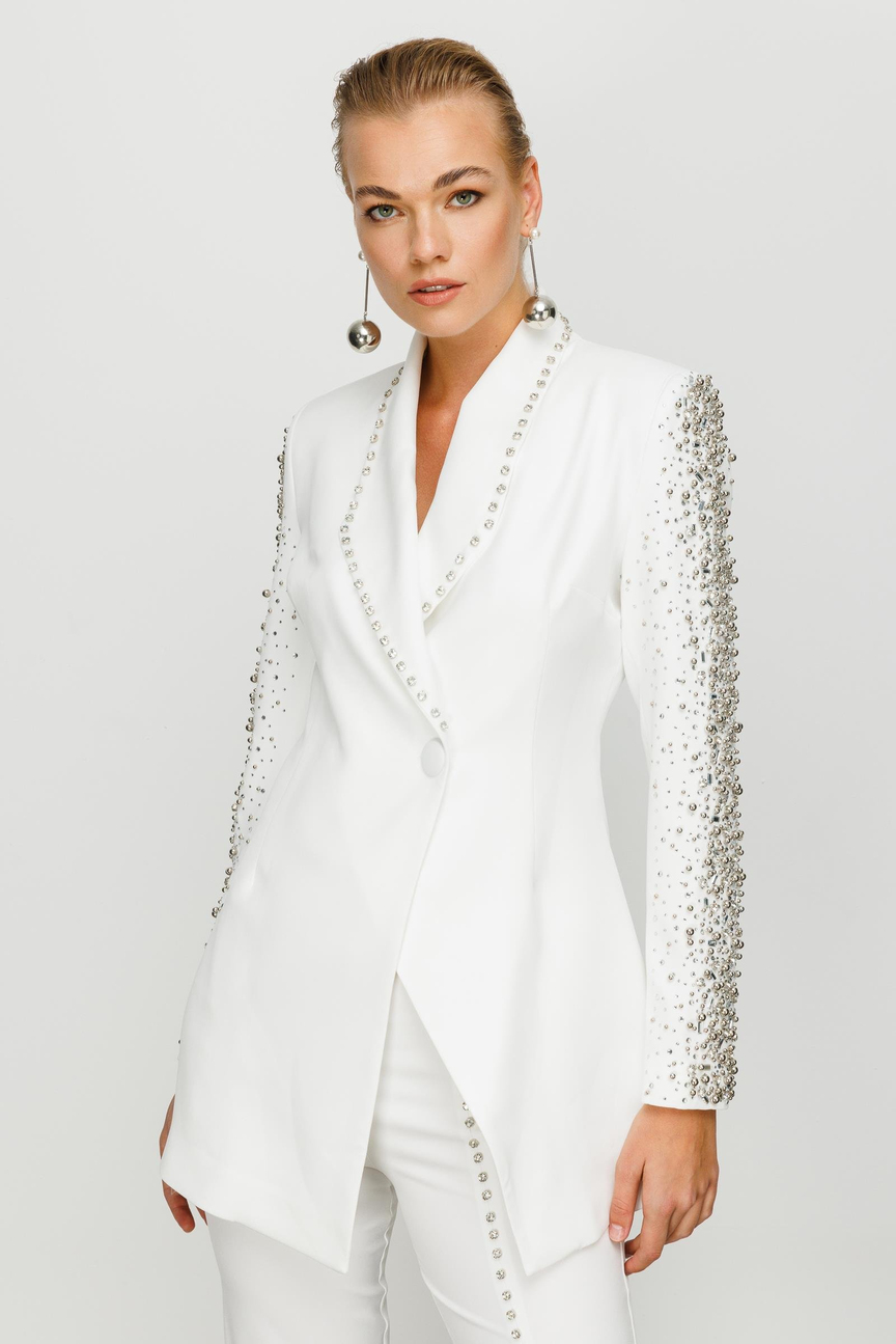 Stone Embroidered Collar Sleeves Set WHITE