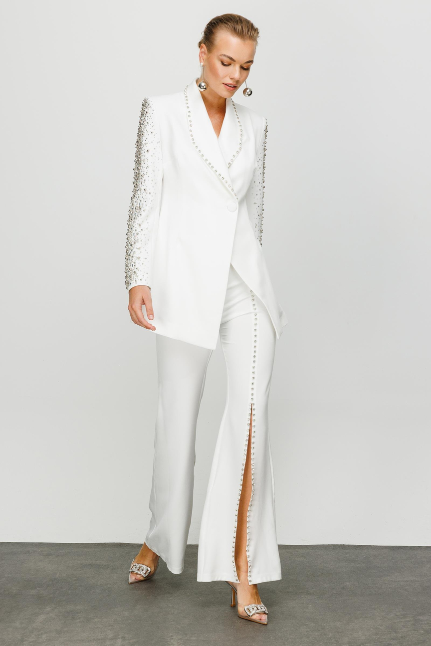 Stone Embroidered Collar Sleeves Set WHITE