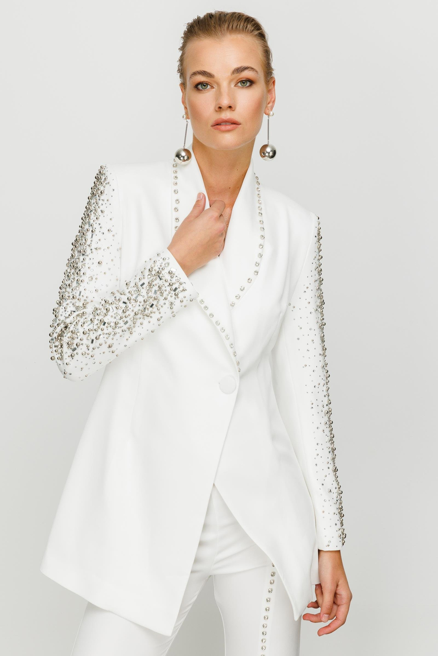 Stone Embroidered Collar Sleeves Set WHITE