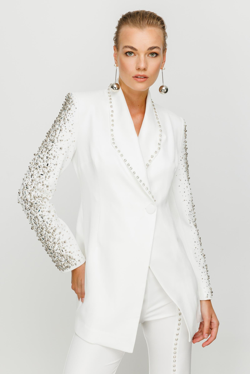Stone Embroidered Collar Sleeves Set WHITE
