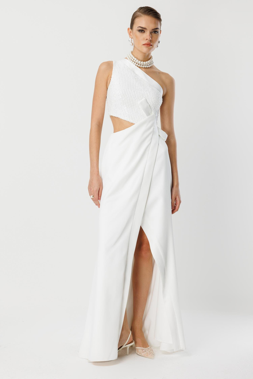 Yandan Fiyonk Uzun Elbise EKRU