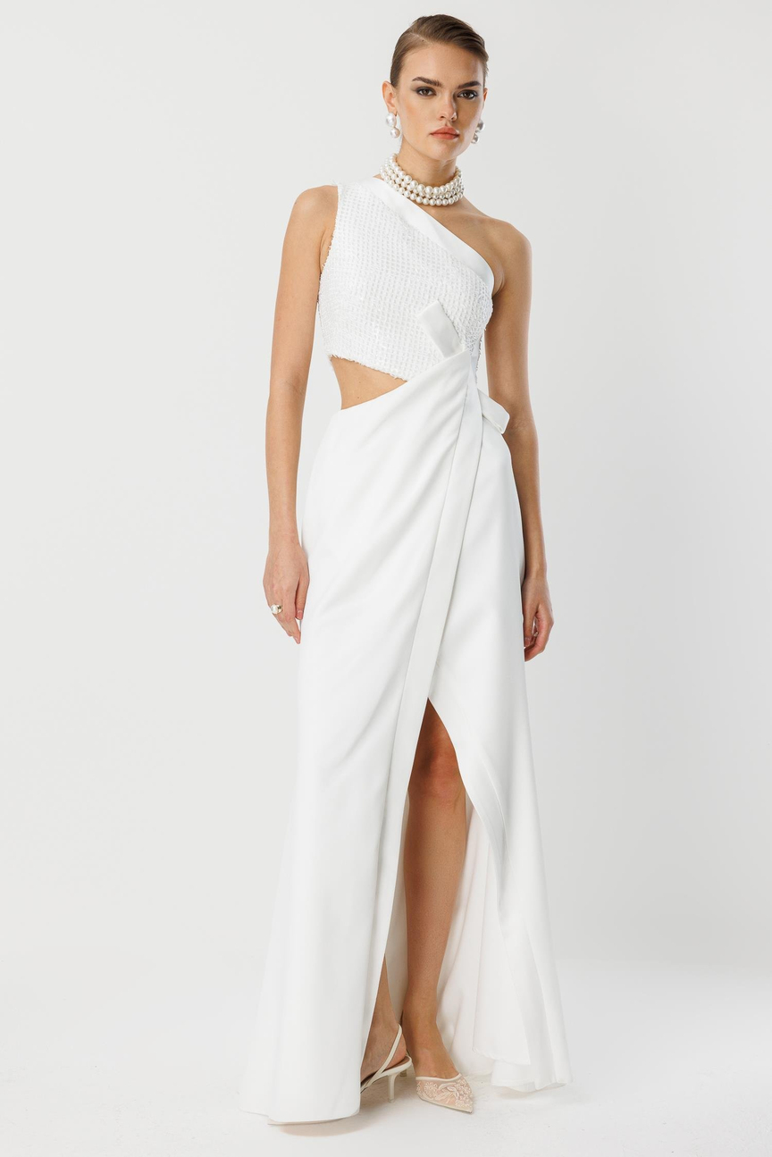 Yandan Fiyonk Uzun Elbise EKRU