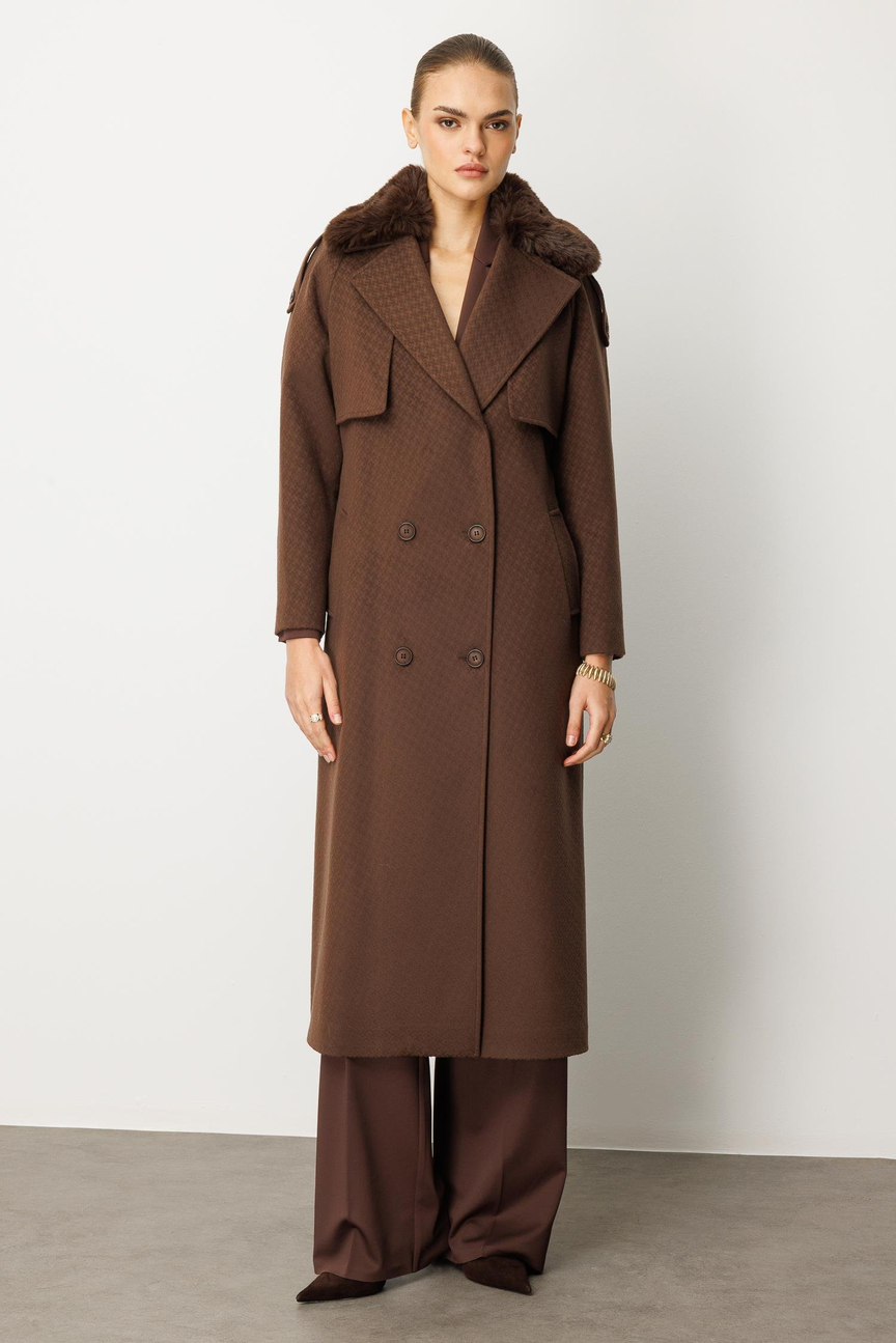 Half Collar Fur Detailed Epauletted Cashmere Coat COFFEE