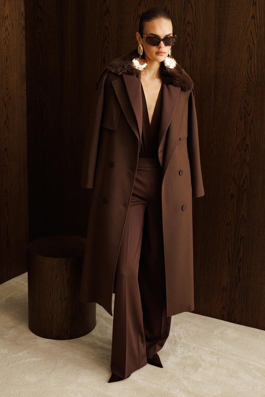 Half Collar Fur Detailed Epauletted Cashmere Coat COFFEE