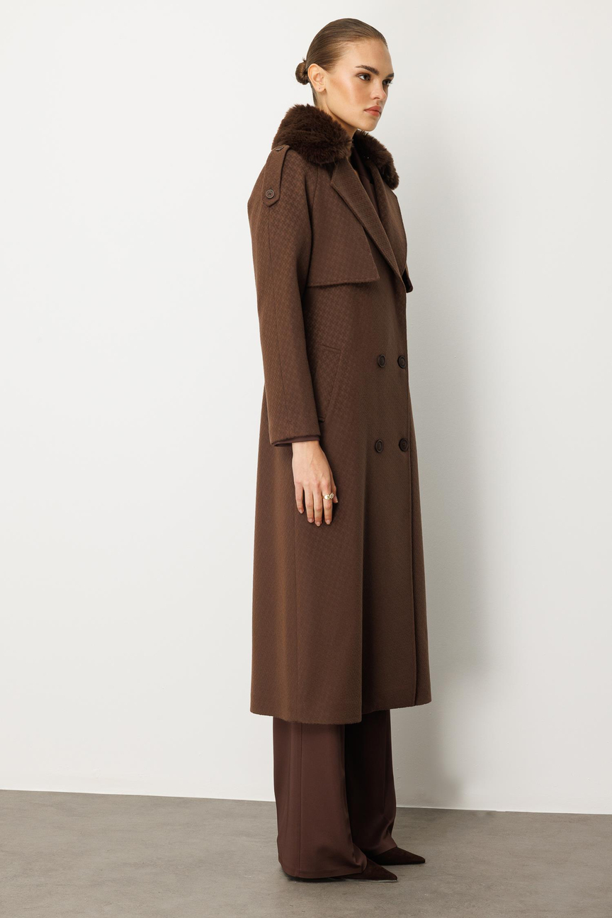 Half Collar Fur Detailed Epauletted Cashmere Coat COFFEE
