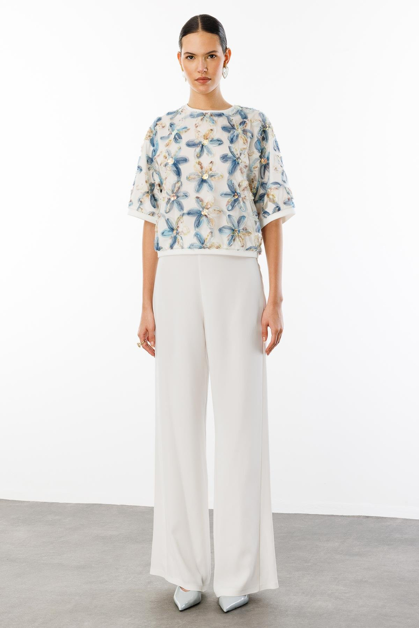 Yuvarlak  Yaka Oversize Pullu  Çiçekli Bluz DESENLİ