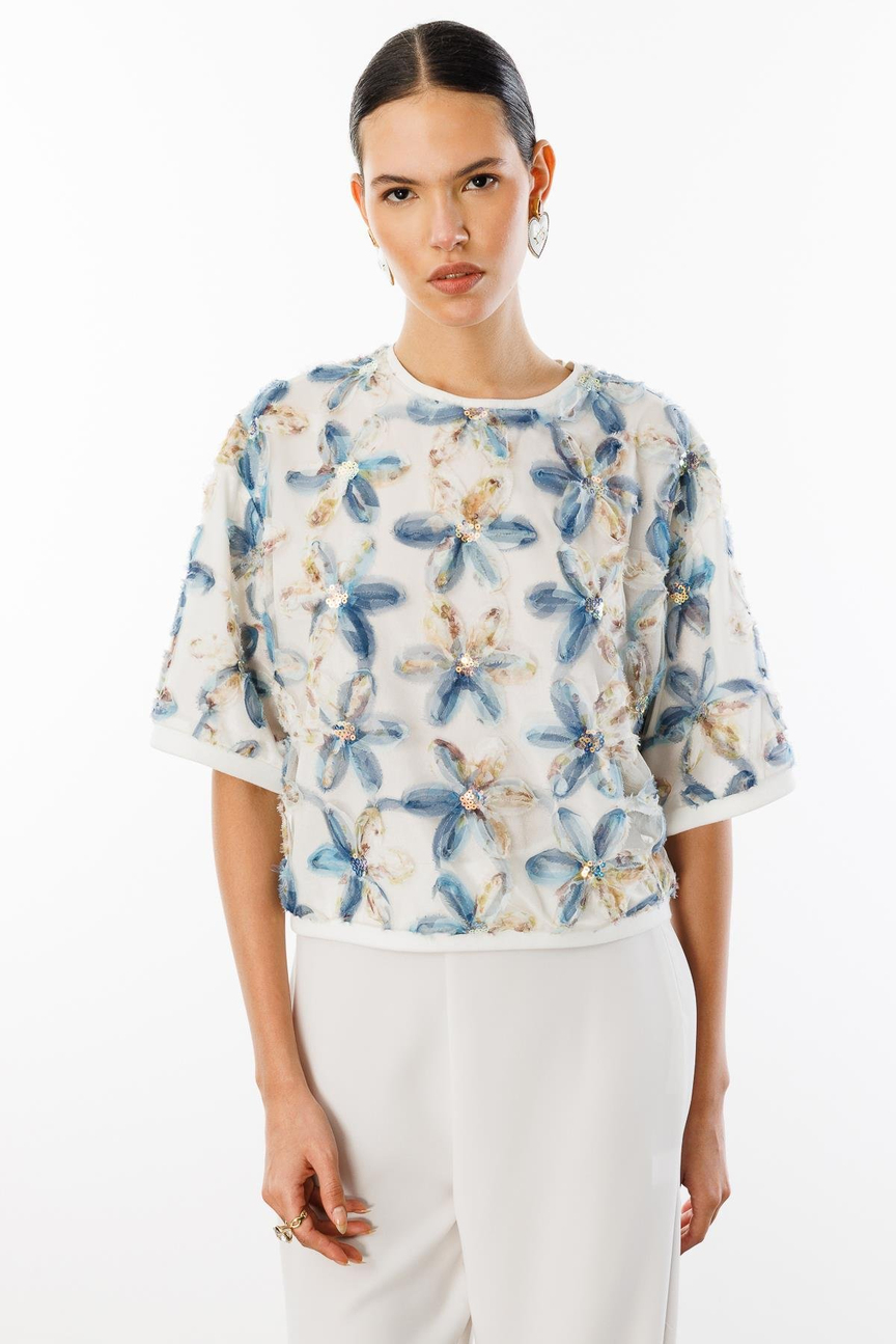 Yuvarlak  Yaka Oversize Pullu  Çiçekli Bluz DESENLİ