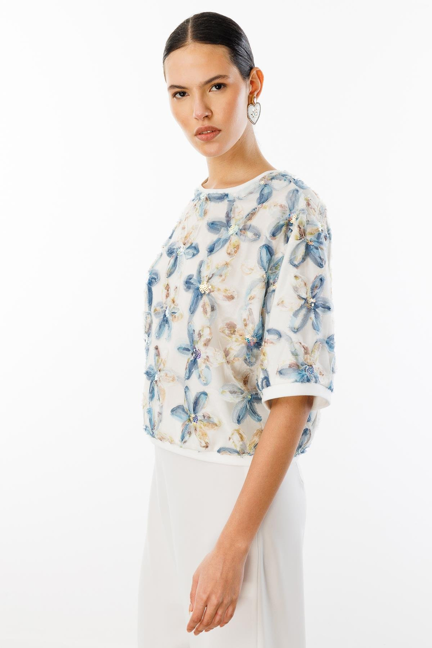 Yuvarlak  Yaka Oversize Pullu  Çiçekli Bluz DESENLİ