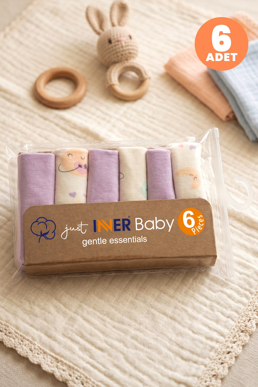 Just Inner Kız Bebek 6lı Pamuklu Ağız Mendili Ayışığı Desenli Kutulu Set Nefes Alan Doku (684202)