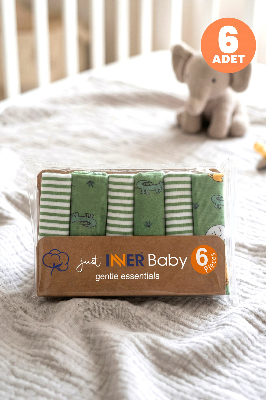 Just Inner Erkek Bebek 6lı Pamuklu Ağız Mendili Safari ve Çizgili Kutulu Set Nefes Alan (584201)