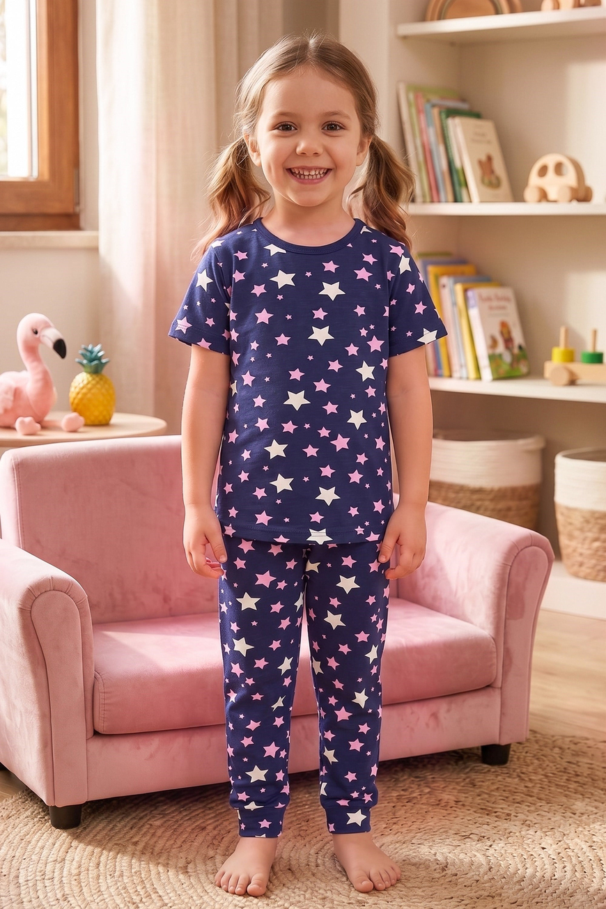 Öts Kız Çocuk Pamuklu Pijama Takımı Kısa Kol Uzun Alt Desenli Geniş ve Rahat Kesim (474006)