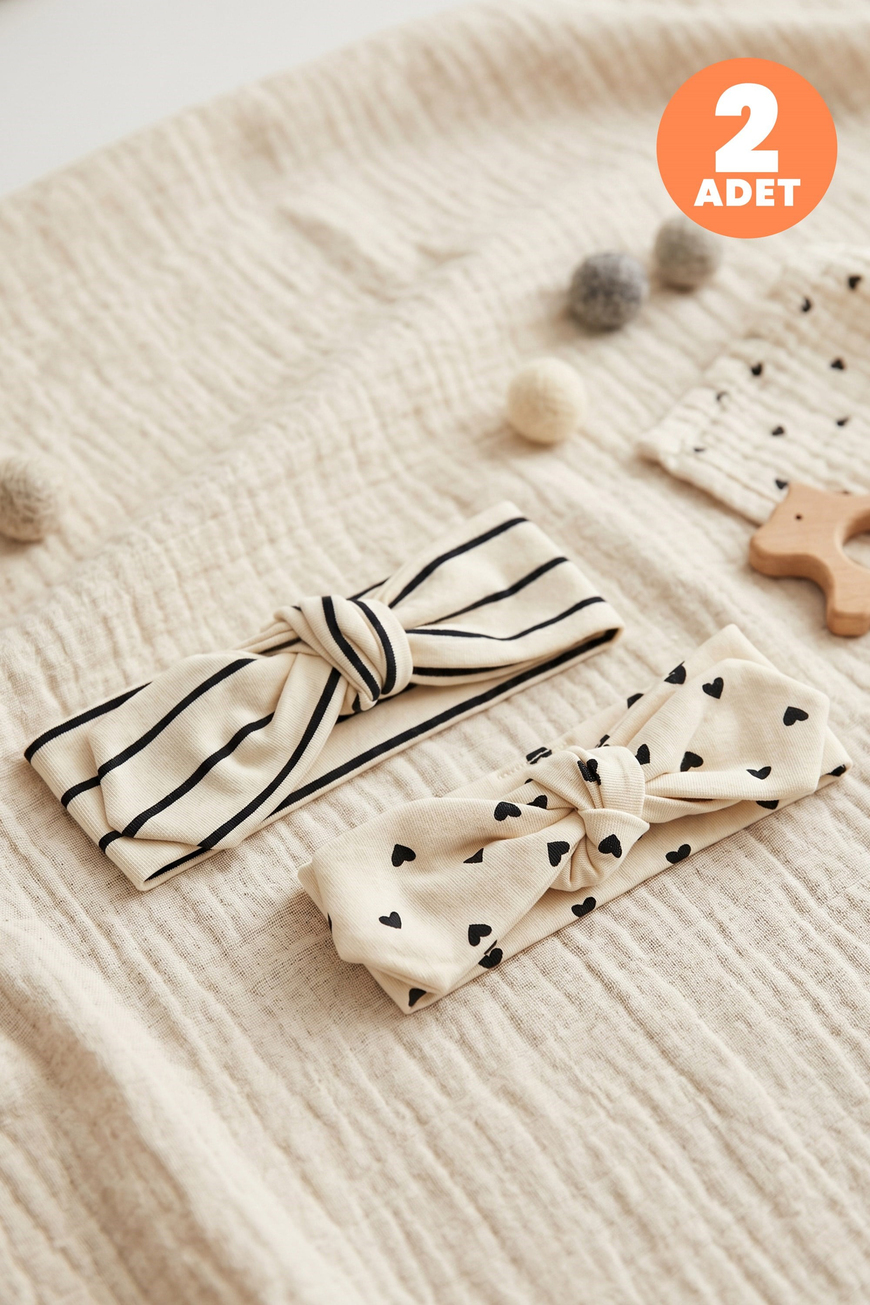 Just Inner Kız Bebek 2li Pamuklu Bandana Bere Kalpli Çizgili Fiyonklu Esnek ve Konforlu (684604)