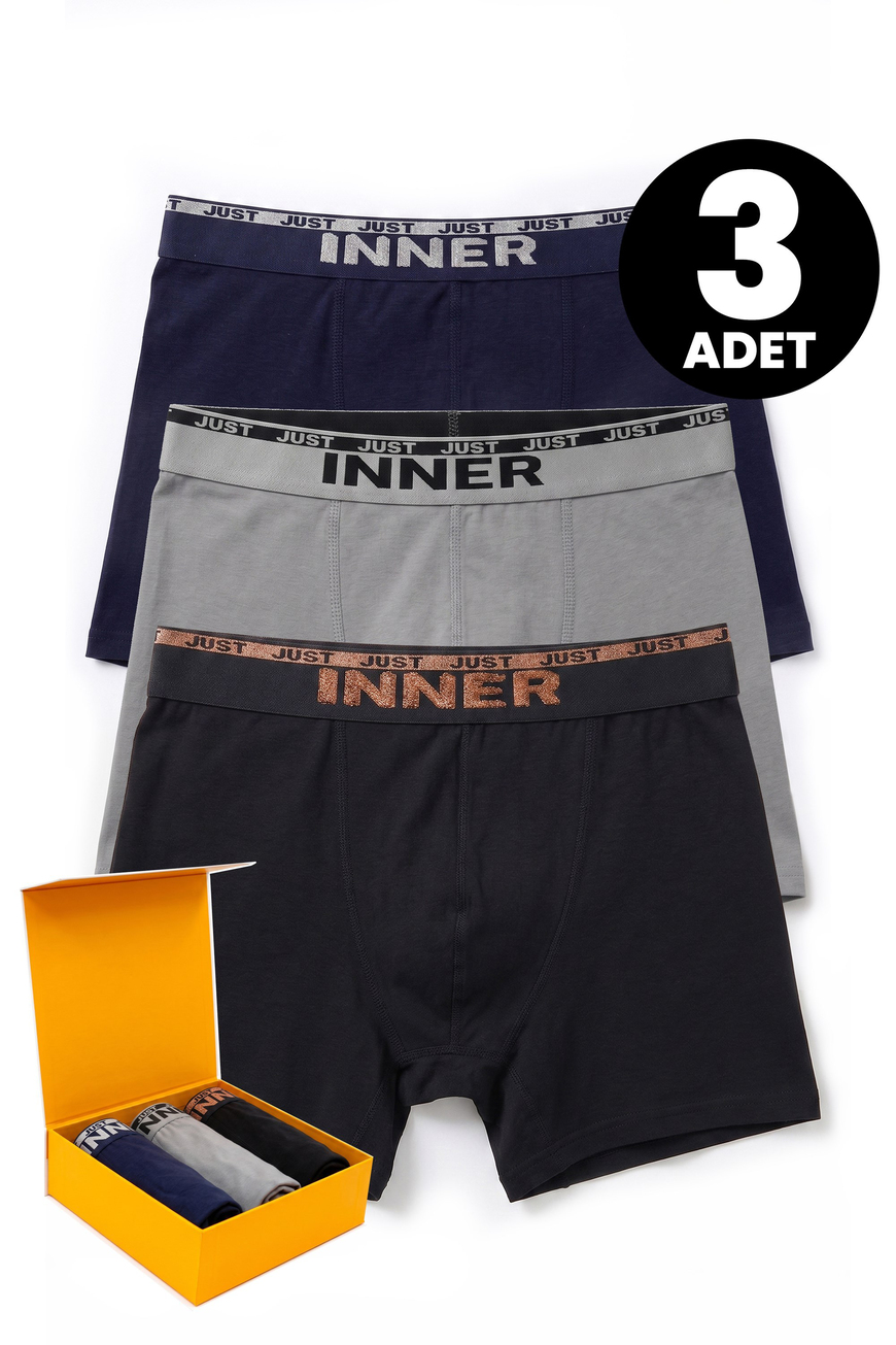 Just Inner Premium Erkek 3lü Pamuklu Boxer Kabartma Bel Lastikli Hediye Kutulu Esnek (135001-3)
