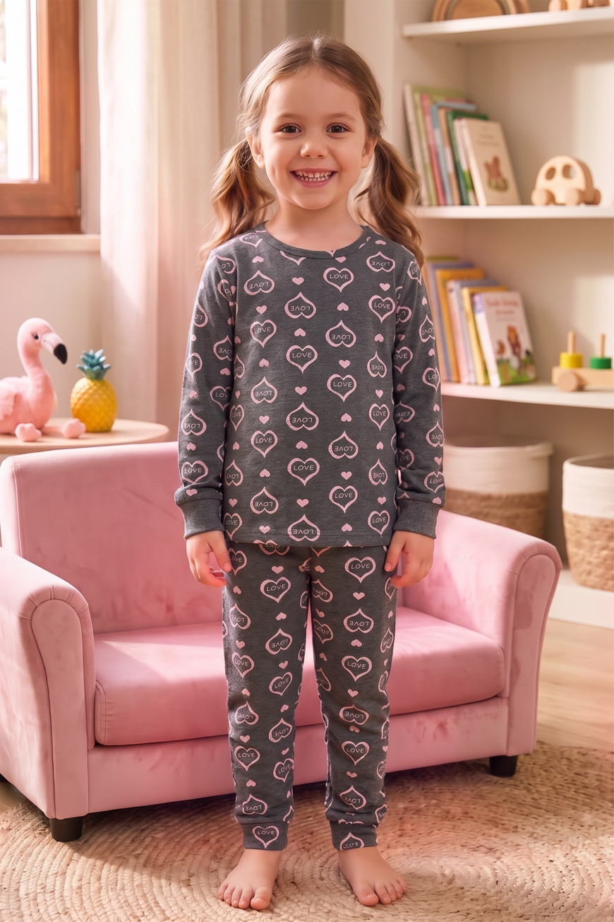 Öts Kız Çocuk Tekli Pamuklu Pijama Uzun Kol Uzun Alt Desenli Nefes Alan Rahat Kesim (474011)