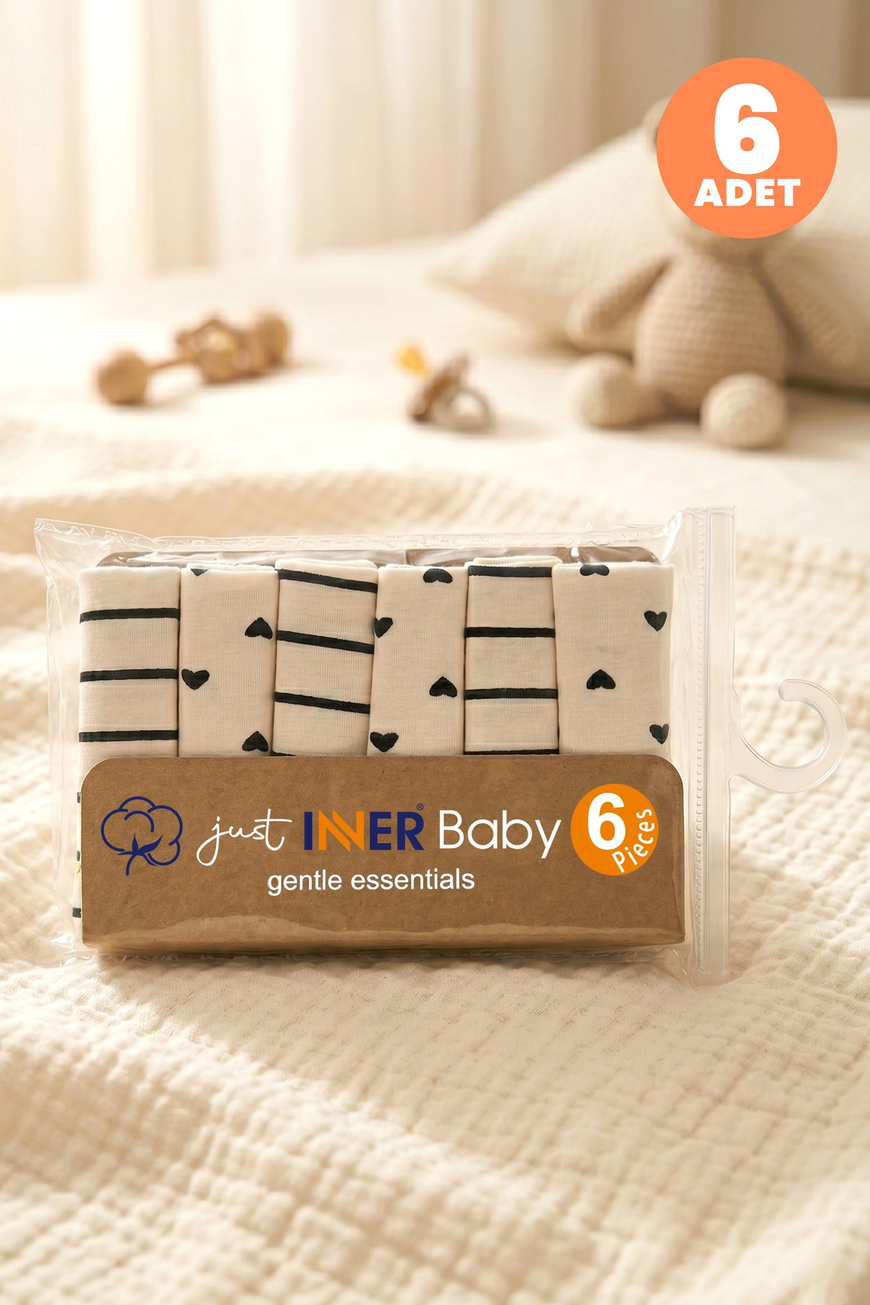 Just Inner Kız Bebek 6lı Pamuklu Ağız Mendili Kalpli Çizgili Kutulu Set Nefes Alan Doku (684204)