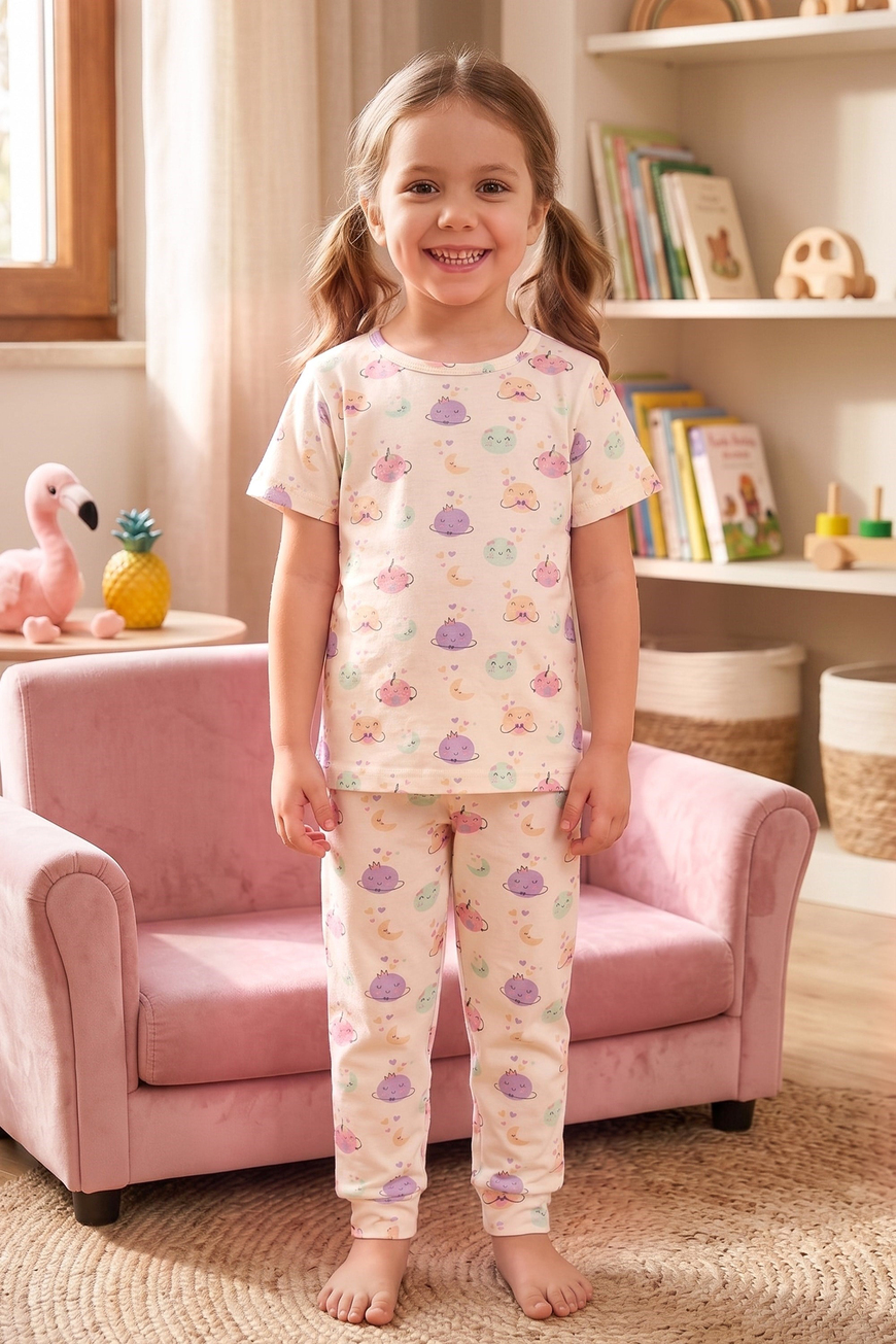 Öts Kız Çocuk Pamuklu Pijama Takımı Kısa Kol Uzun Desenli Yumuşacık Ev Giyimi (474002)