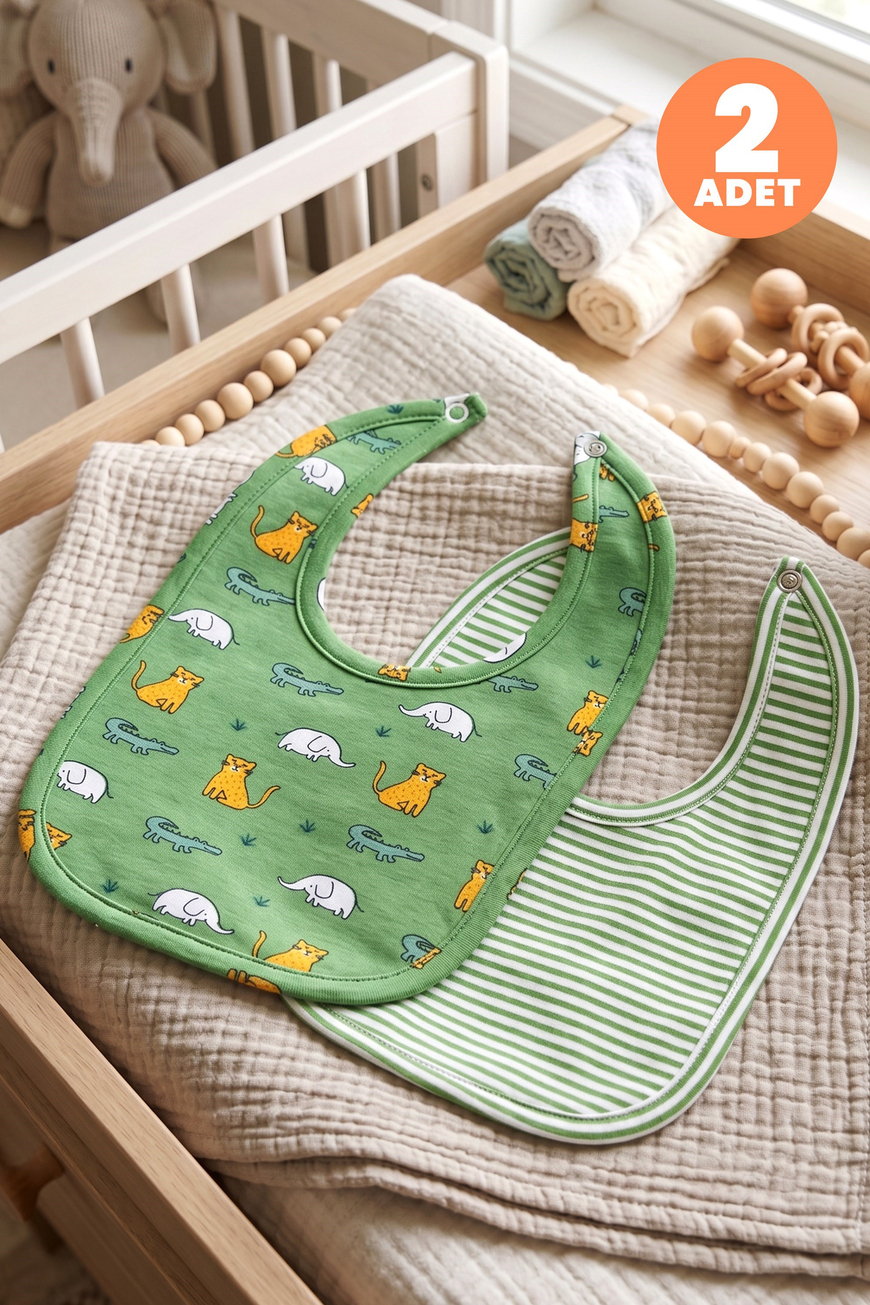 Just Inner Erkek Bebek 2li Pamuklu Önlük Safari ve Çizgili Çıtçıtlı Çift Katlı Cilt Dostu (584301)
