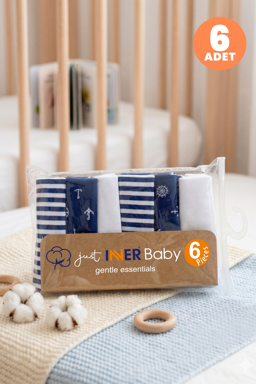 Just Inner Erkek Bebek 6lı Pamuklu Ağız Mendili Denizci ve Çizgili Kutulu Set Nefes Alan (584203)
