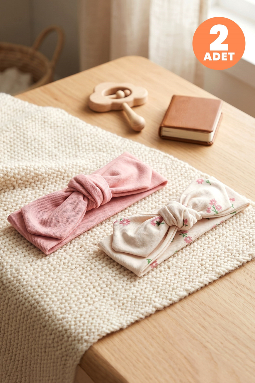 Just Inner Kız Bebek 2li Pamuklu Bandana Bere Çiçekli Fiyonklu Esnek ve Konforlu (684603)