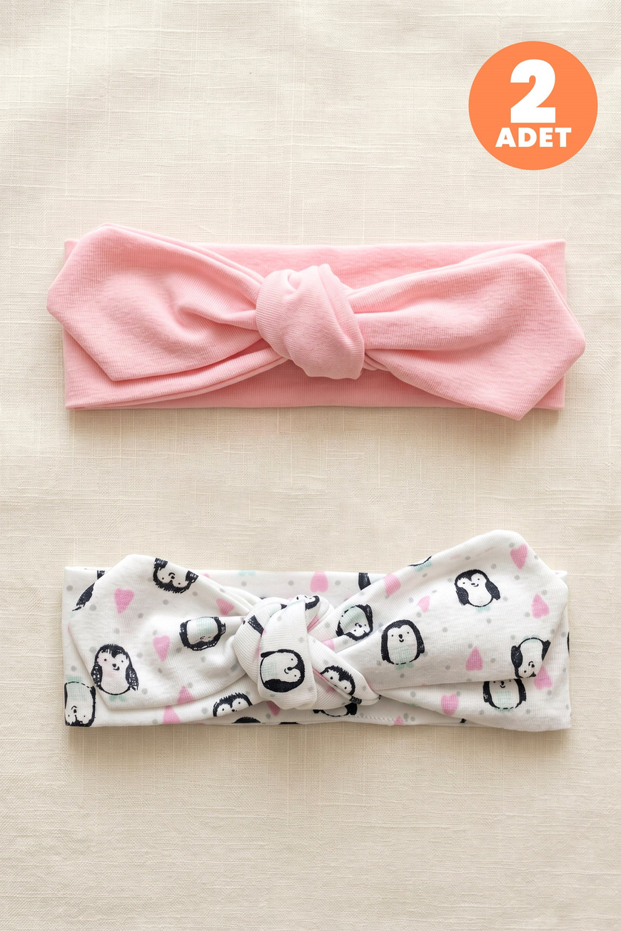 Just Inner Kız Bebek 2li Pamuklu Bandana Bere Penguen Desenli Fiyonklu Esnek ve Konforlu (684601)