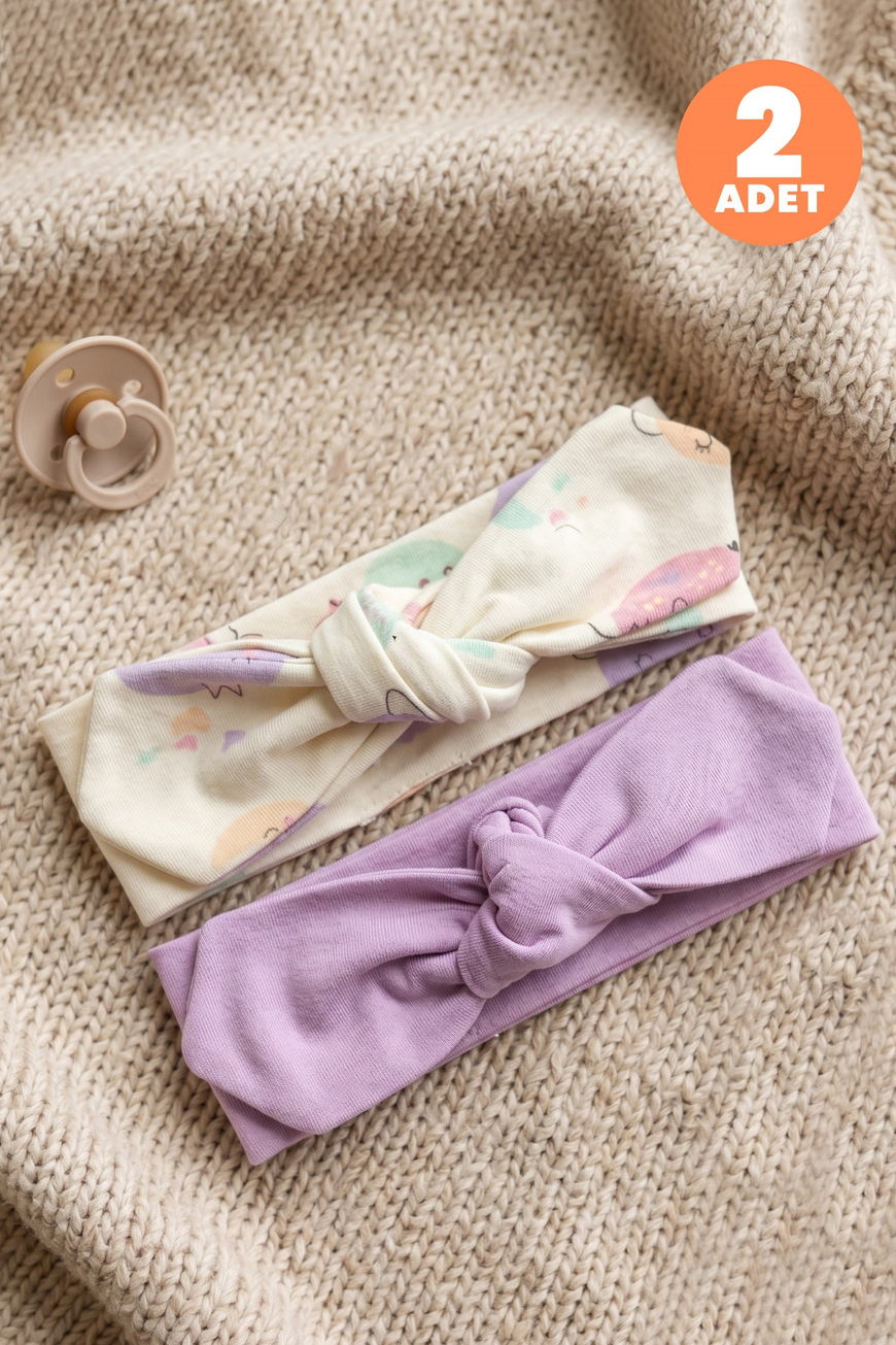 Just Inner Kız Bebek 2li Pamuklu Bandana Bere Ayışığı Desenli Fiyonklu Esnek ve Konforlu (684602)