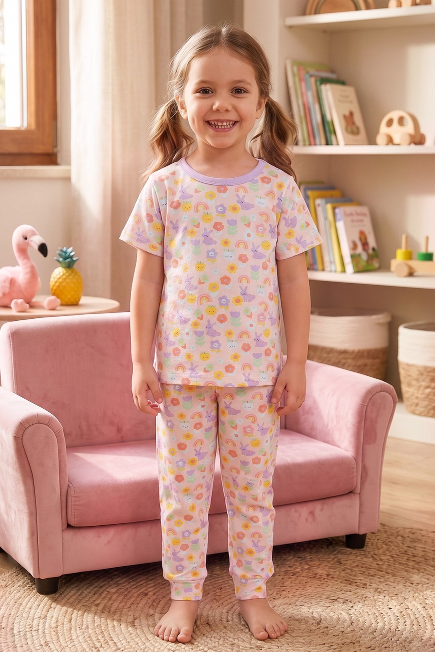 Öts Kız Çocuk Pamuklu Pijama Takımı Kısa Kol Uzun Alt Desenli Geniş ve Rahat Kesim (474004)