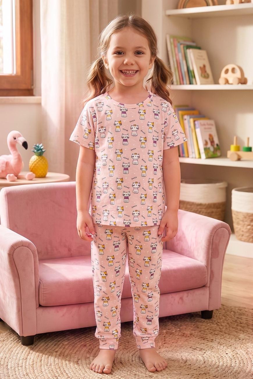 Öts Kız Çocuk Pamuklu Pijama Takımı Kısa Kol Uzun Alt Desenli Geniş ve Rahat Kesim (474003)