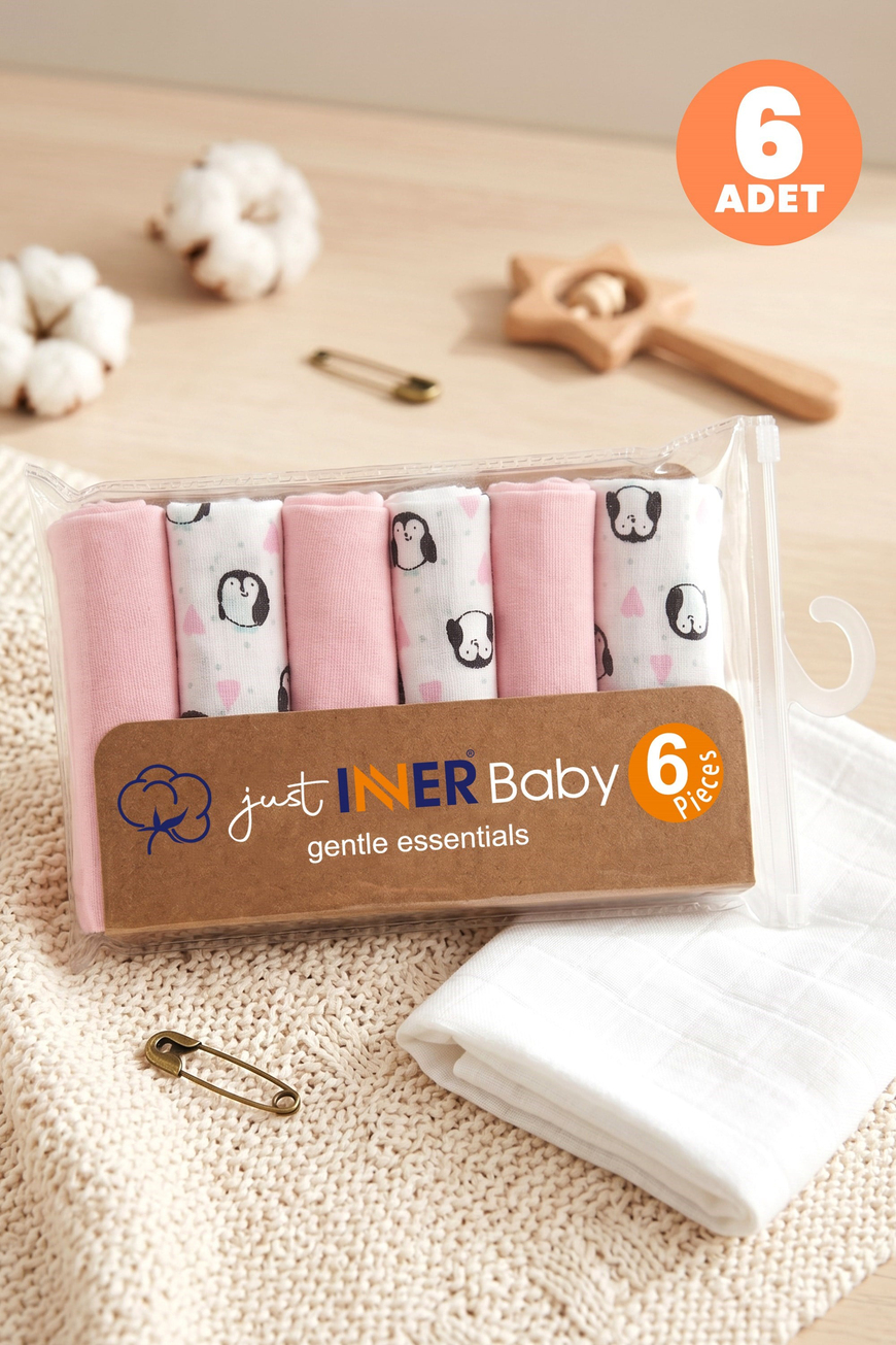 Just Inner Kız Bebek 6lı Pamuklu Ağız Mendili Penguen Desenli Kutulu Set Nefes Alan Doku (684201)