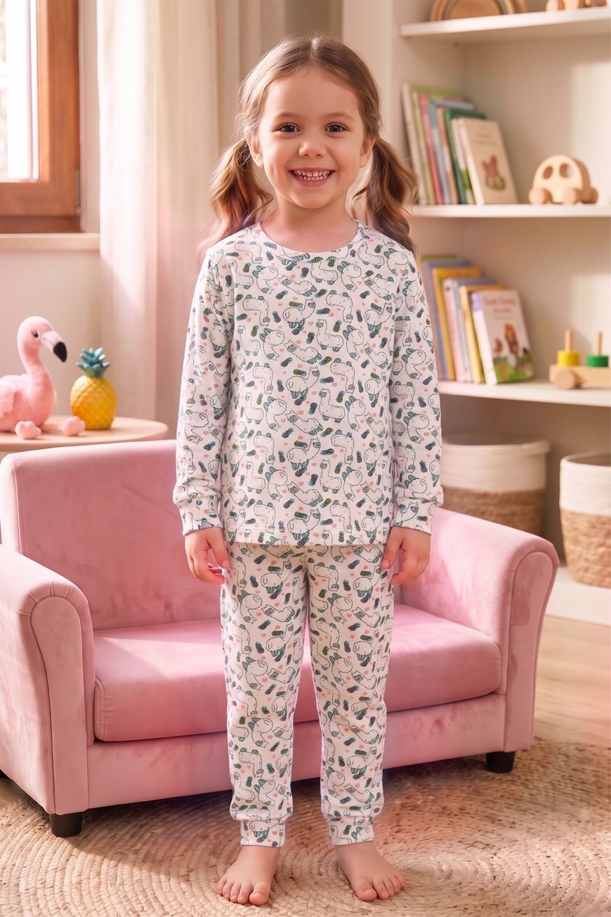 Öts Kız Çocuk Tekli Pamuklu Pijama Uzun Kol Uzun Alt Desenli Nefes Alan Rahat Kesim (474009)