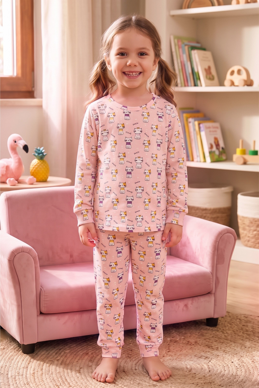 Öts Kız Çocuk Tekli Pamuklu Pijama Uzun Kol Uzun Alt Desenli Nefes Alan Rahat Kesim (474008)