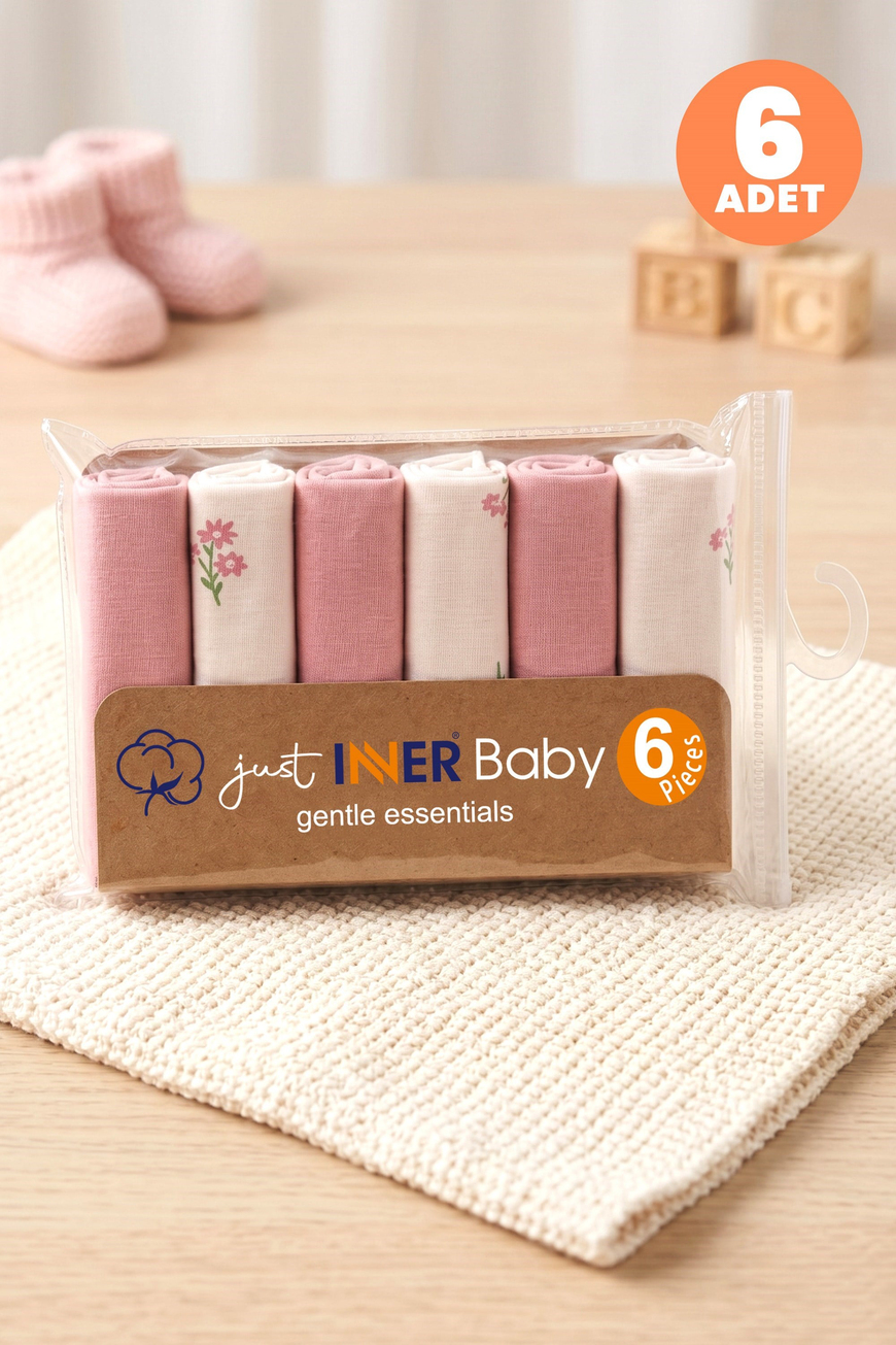 Just Inner Kız Bebek 6lı Pamuklu Ağız Mendili Çiçekli Kutulu Set Nefes Alan Doku (684203)