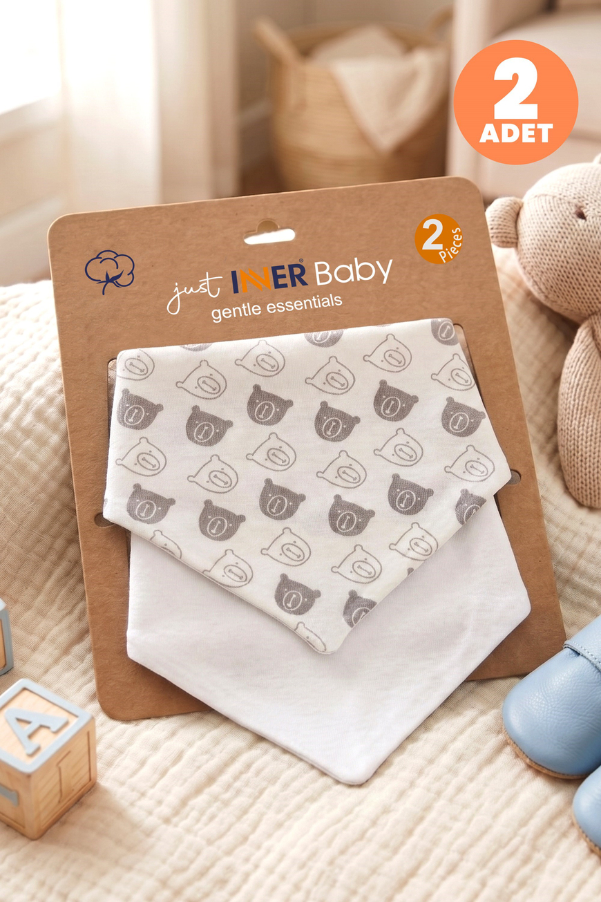 Just Inner Erkek Bebek 2li %100 Pamuk Üçgen Fular Önlük Ayıcık Desenli Çıtçıtlı Çift Katlı (582401)