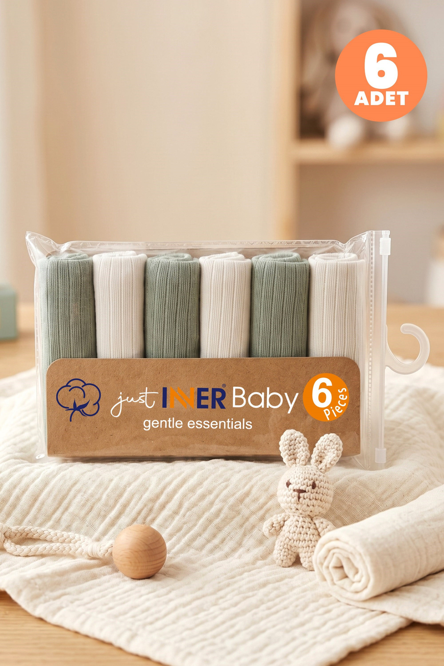 Just Inner Erkek Bebek 6lı %100 Pamuk Ağız Mendili Düz Renk Dokulu Kutulu Set Nefes Alan (582202)