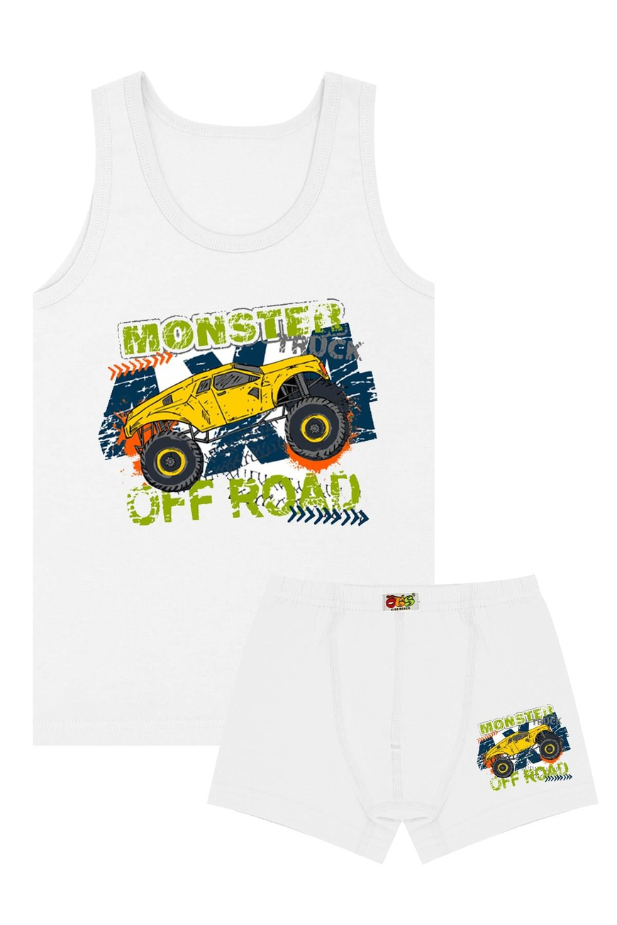 Öts Erkek Çocuk Atlet Boxer Likralı Beyaz Monster (%96 Pamuk - %4 Elastan)
