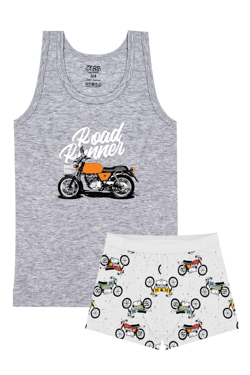 Öts Erkek Çocuk Atlet Boxer Likralı Gri Motosiklet (%96 Pamuk - %4 Elastan)