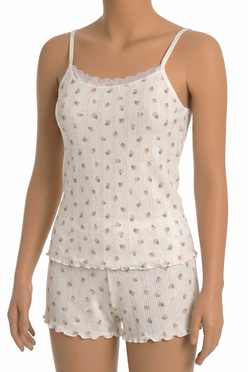 Öts Kadın Tekli %100 Pamuk Pijama Takımı Çiçekli İp Askılı Fitilli Atlet Şort Yazlık Ev Giyimi(3712)