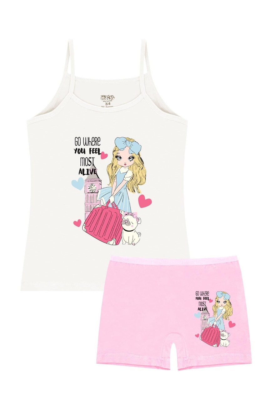 Öts Kız Çocuk Atlet Boxer Likralı Ekru Girl (%96 Pamuk - %4 Elastan)