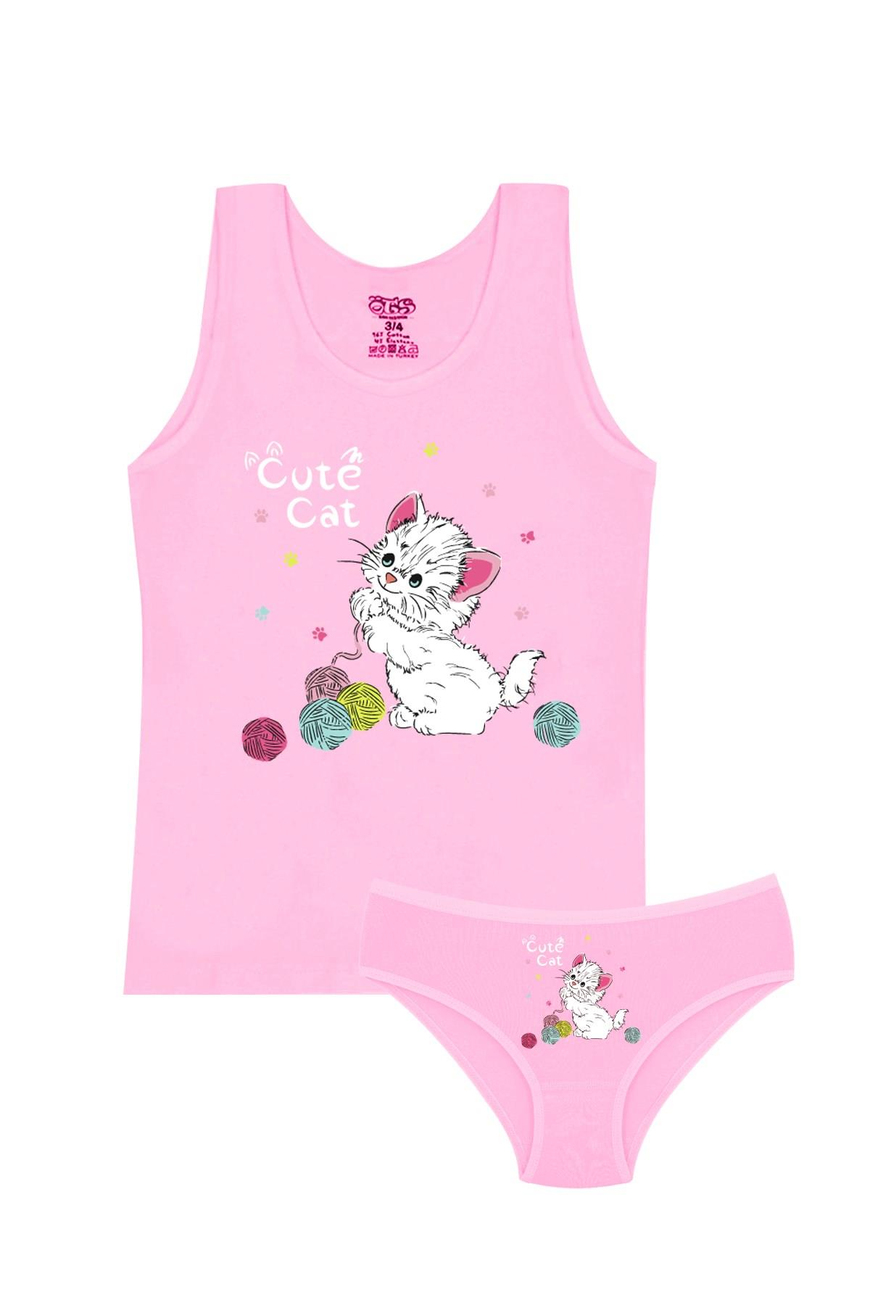 Öts Kız Çocuk Atlet Külot Likralı Pembe Kedi (%96 Pamuk - %4 Elastan)
