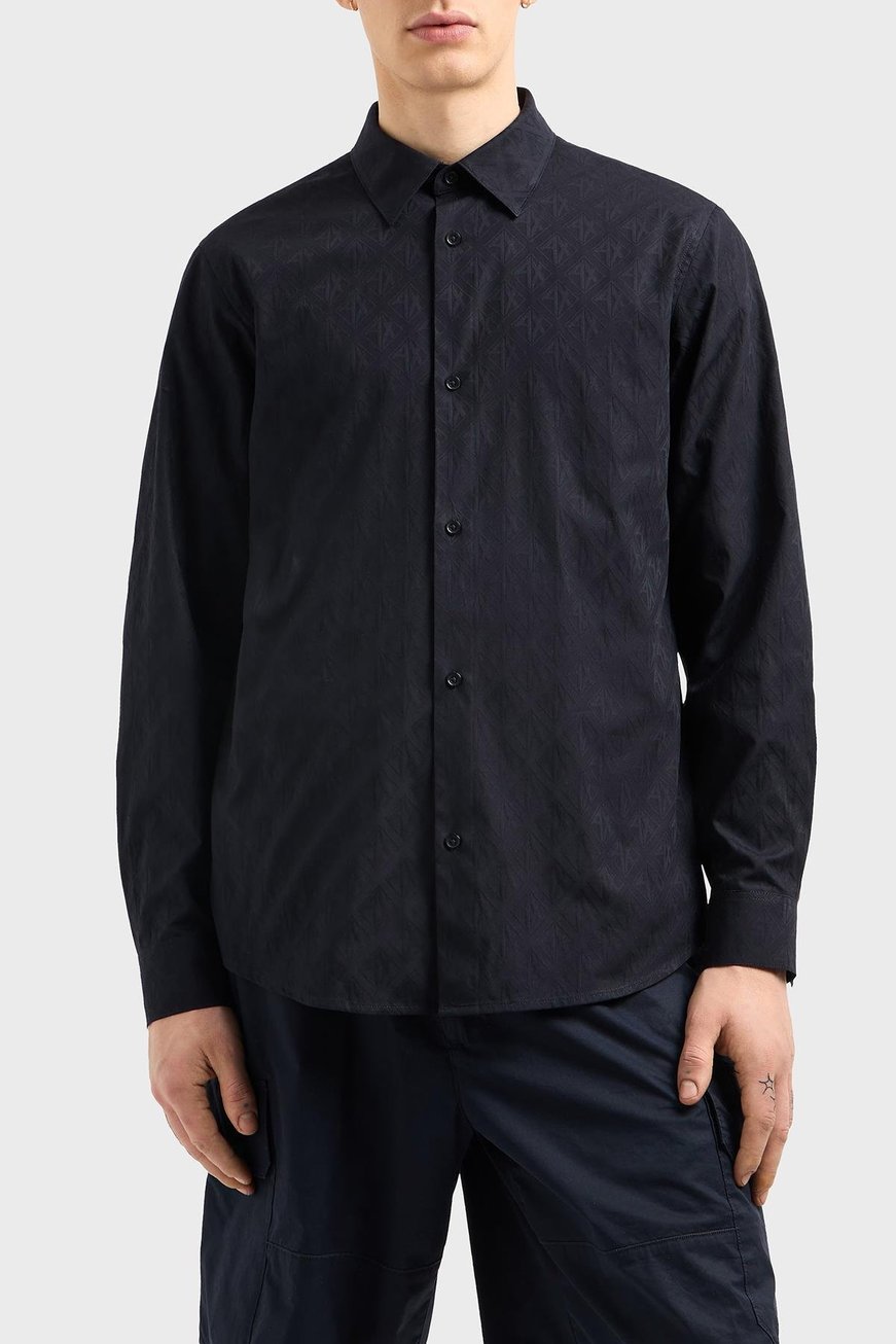 ARMANI EXCHANGE Armani Exchange Erkek Regular Fit Pamuklu Tüm Yüzeyde Ton Sür Ton Logolu Uzun Kollu Lacivert Gömlek XM000197 AF12179-UB101
