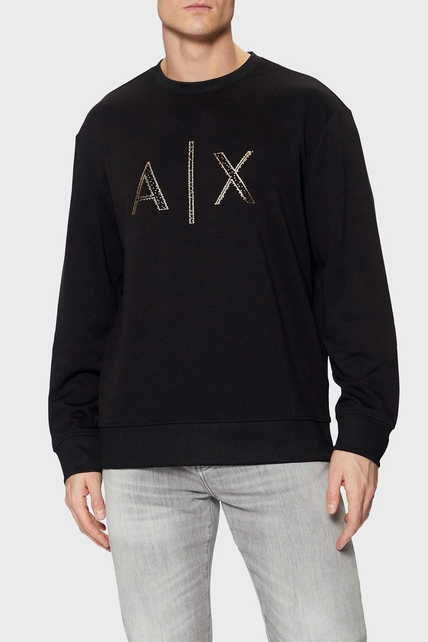 ARMANI EXCHANGE Armani Exchange Erkek Regular Fit Gold Taş Süslemeli AX Logolu Yuvarlak Yakalı Uzun Kollu Siyah Sweatshirt XM000331 AF12269-UC001