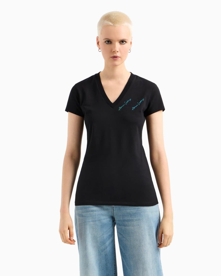 ARMANI EXCHANGE Armani Exchange Kadın Kısa Kollu V Yaka Dokuma Kumaş Siyah T-Shirt XW000600 AF10355-UC001