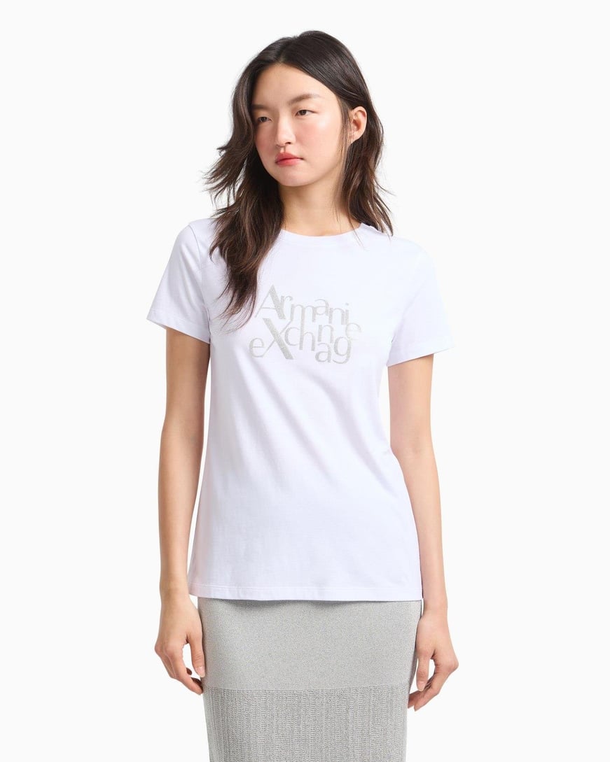 ARMANI EXCHANGE Armani Exchange Kadın Normal Kesim Yuvarlak Yaka Simli Logolu Kısa Kollu Beyaz T-Shirt XW000109 AF10359-U0002