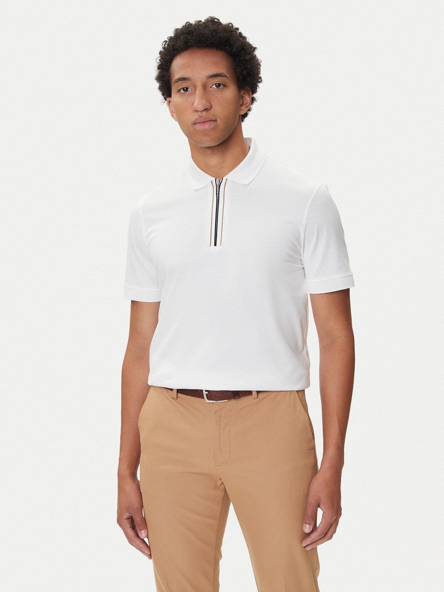 BOSS  BOSS Erkek %100 Merserize Pamuklu Normal Kalıp Kısa Kollu Yarım Fermuarlı Beyaz Polo Yaka T-Shirt 50543880-100