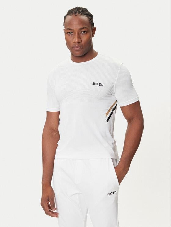 BOSS  BOSS Erkek Dar Kalıp Aktif Nem Kontrol Özellikli Kumaş Yuvarlak Yaka Kısa Kollu Beyaz T-Shirt 50543329-100