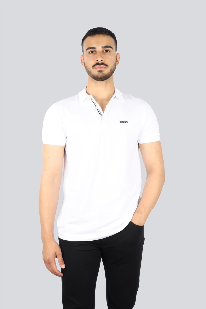 BOSS BOSS Erkek Dar Kalıp Yakası Kontrast Renk Geçişli Pamuklu Kısa Kollu Beyaz Polo Yaka T-Shirt 50538100-100